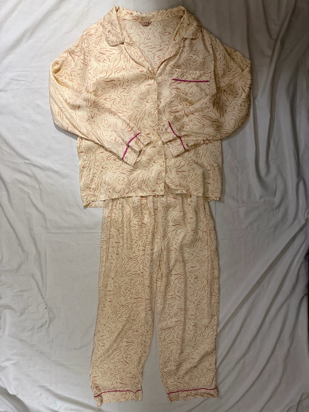 Eberjey Inez Silk Pajama Set Cream Pink Marbled PJs Small